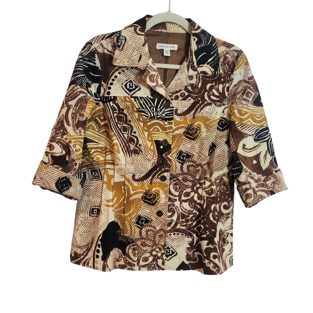 Coldwater Creek Womens Brown Abstract Print Cotton Jacket Sz 8 3/4 Sleeve Safari